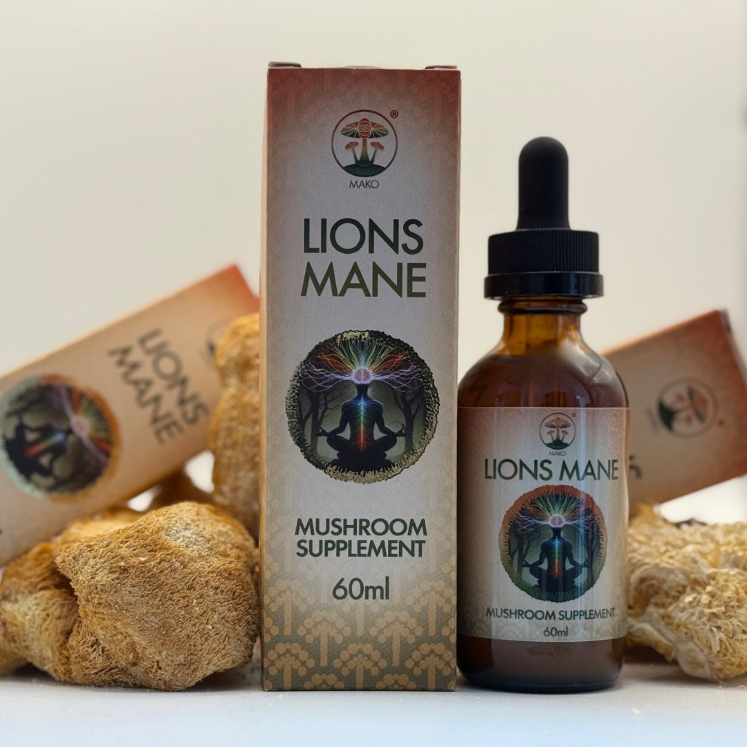 Lions mane with box and mushrooms