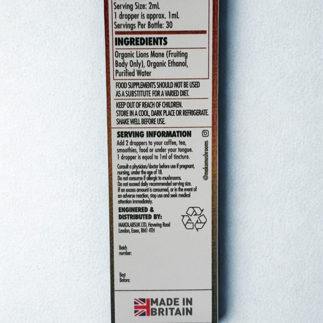 Mako Labs Mushroom Tincture Lion's Mane Mushroom Tincture 60ml - Focus