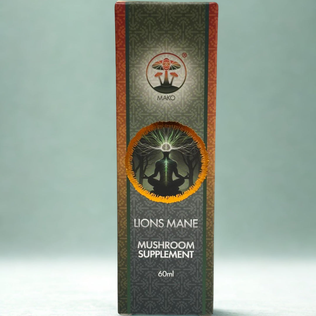 Mushroom supplement box labeled 'Lions Mane' on a gray background