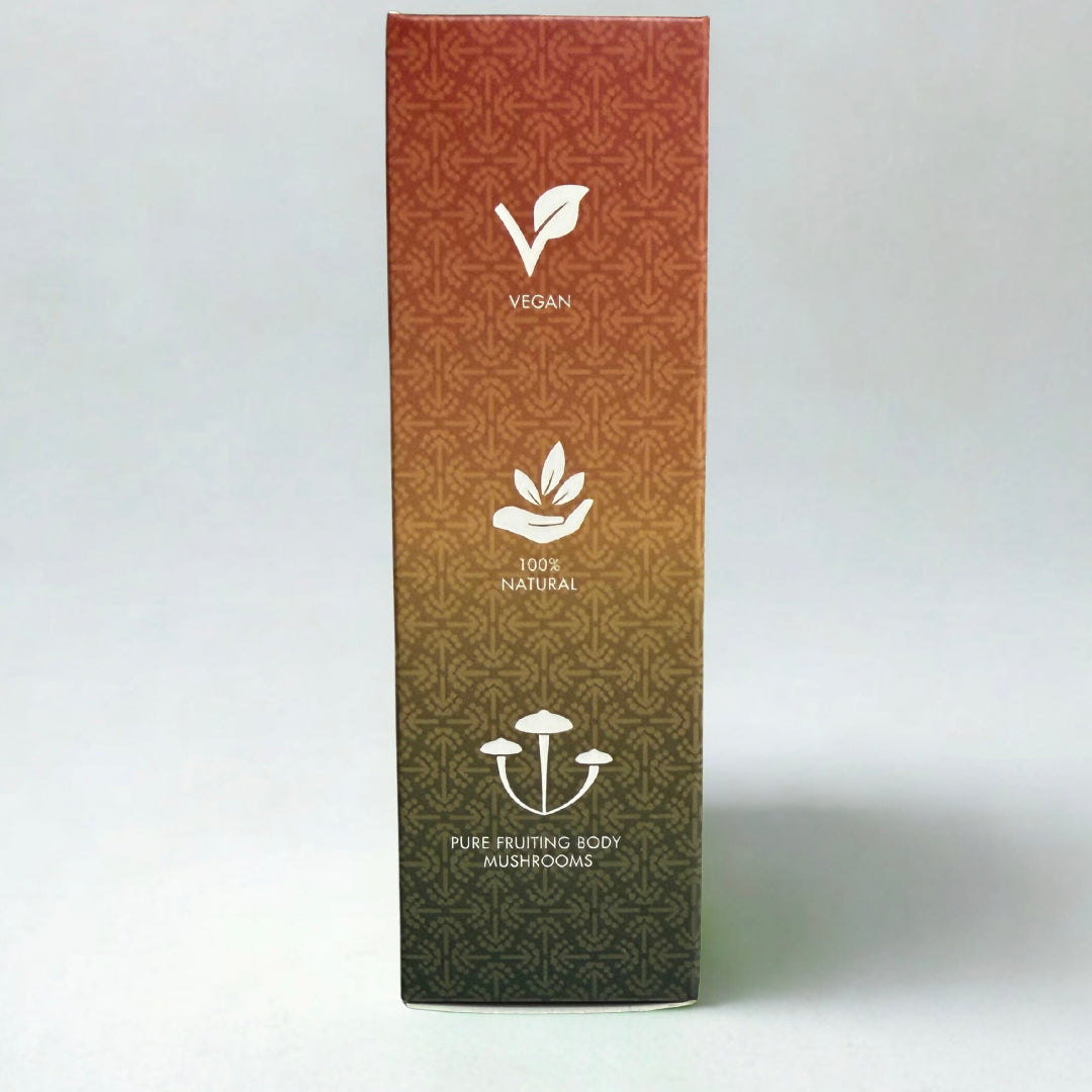 Mushroom product packaging with vegan and natural labels on a white background