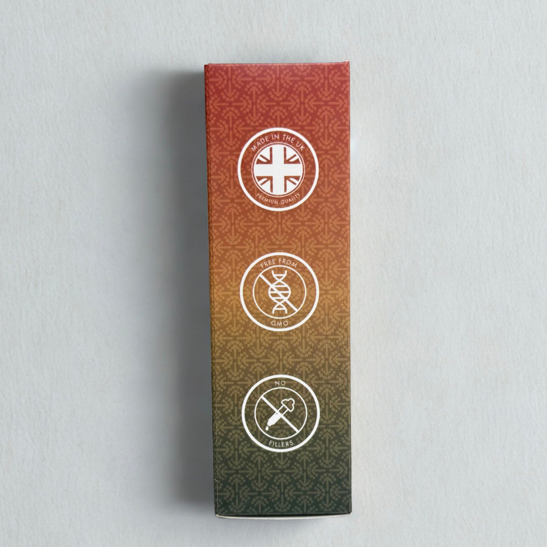 Gradient packaging with circular logos on a light gray background