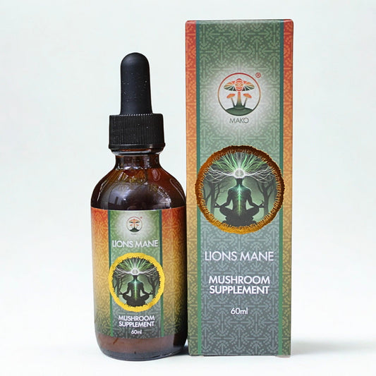 Bottle and box of Lions Mane mushroom supplement on a white background