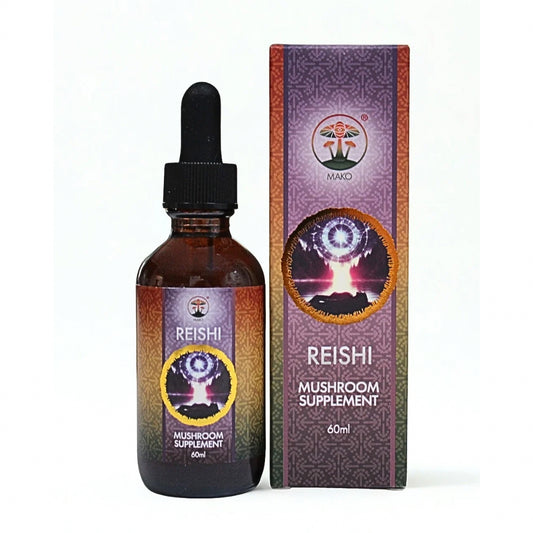 Reishi mushroom supplement bottle and packaging on a white background