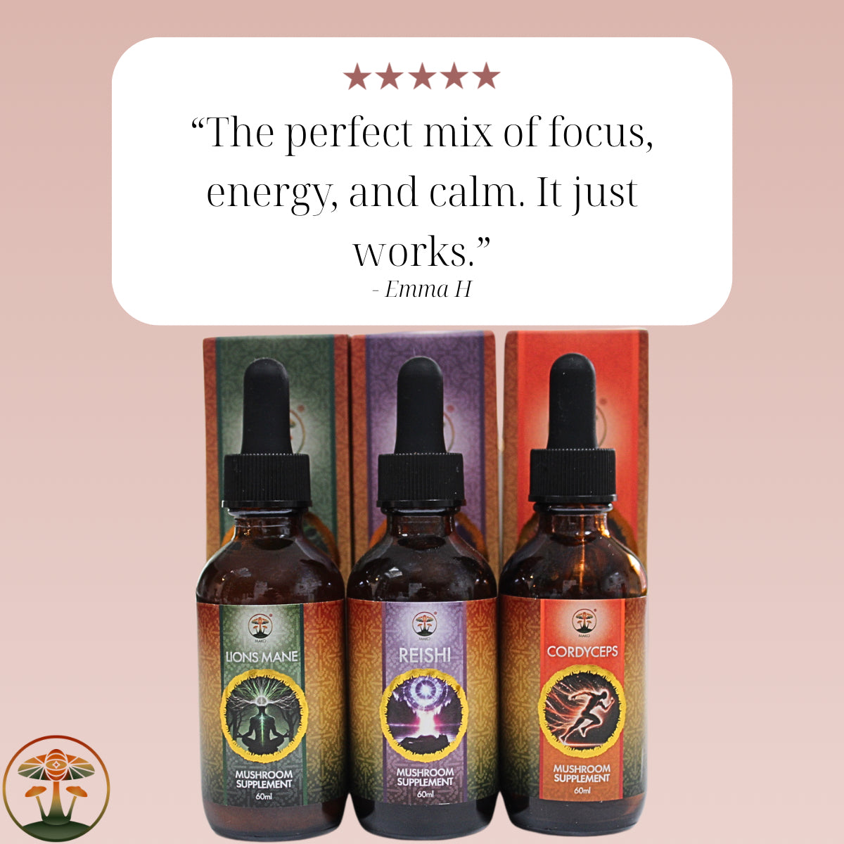 Three mushroom supplement bottles with colorful labels on a pink background, featuring a quote and logo.