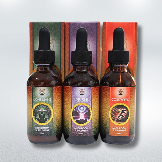 Three mushroom supplement bottles with colorful labels on a light gray background