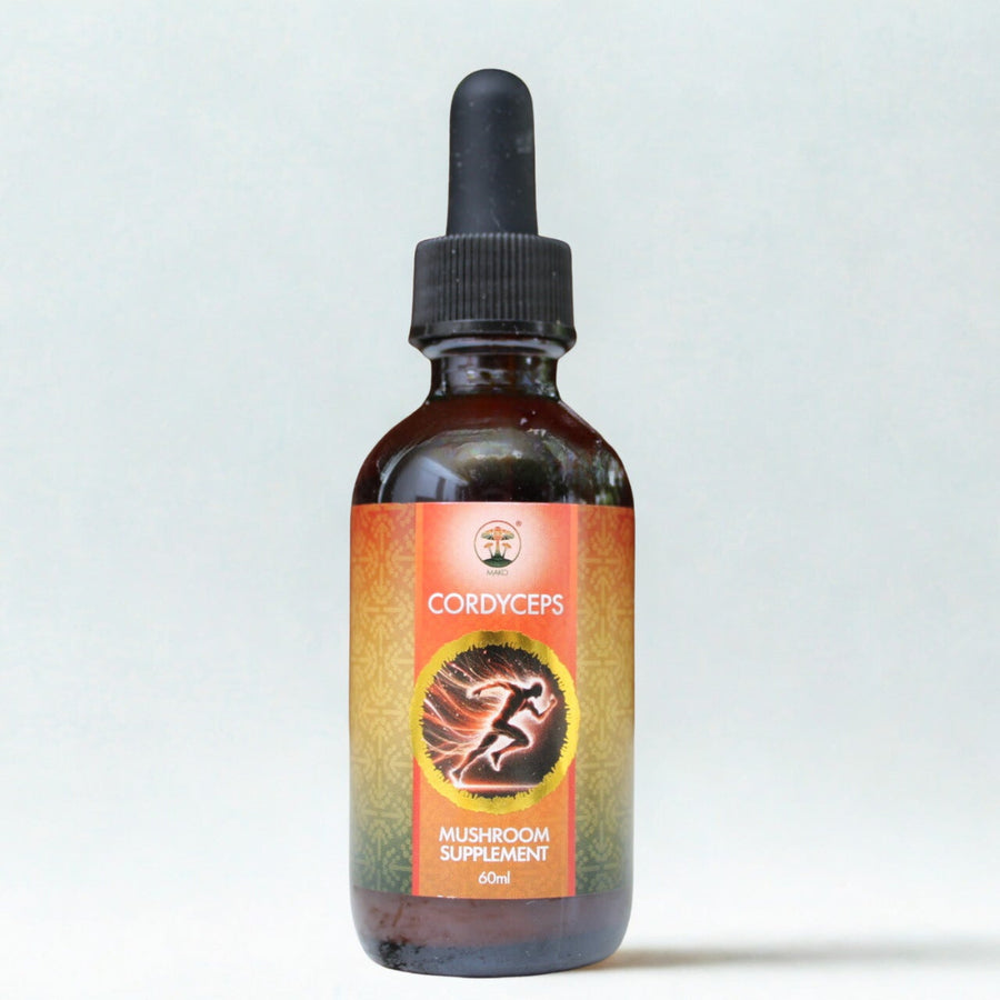 Bottle of Cordyceps mushroom supplement on a white background