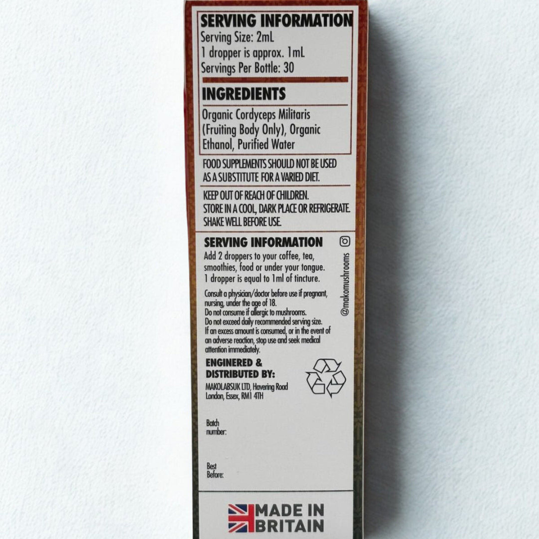 Back of a supplement bottle with serving information and ingredients on a white background