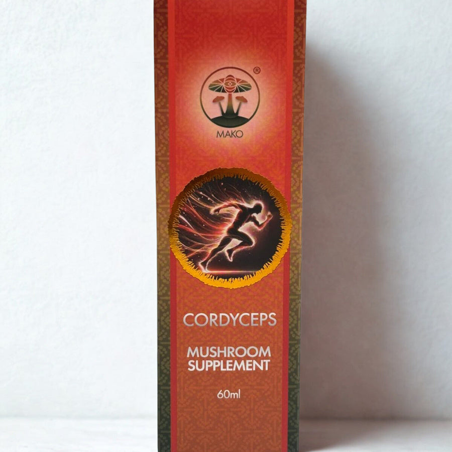 Red box of Cordyceps mushroom supplement on a white background