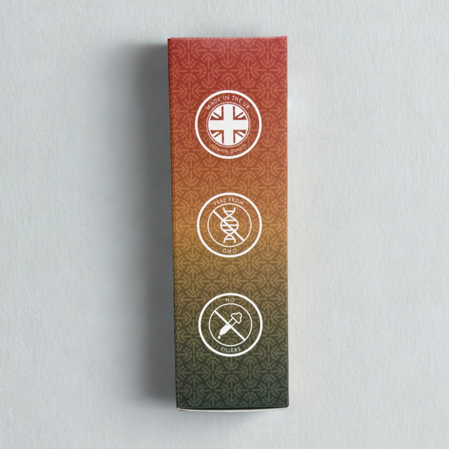 Gradient packaging with circular logos on a light gray background