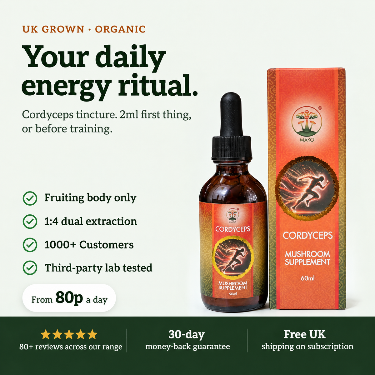Cordyceps tincture by Mako Labs, UK grown and organic, 1:4 dual extraction