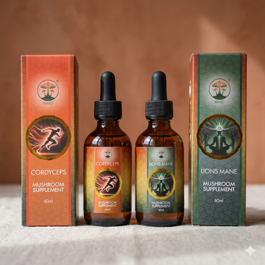 Two bottles of mushroom supplement with their packaging on a neutral. Lions mane and Cordyceps morning bundle