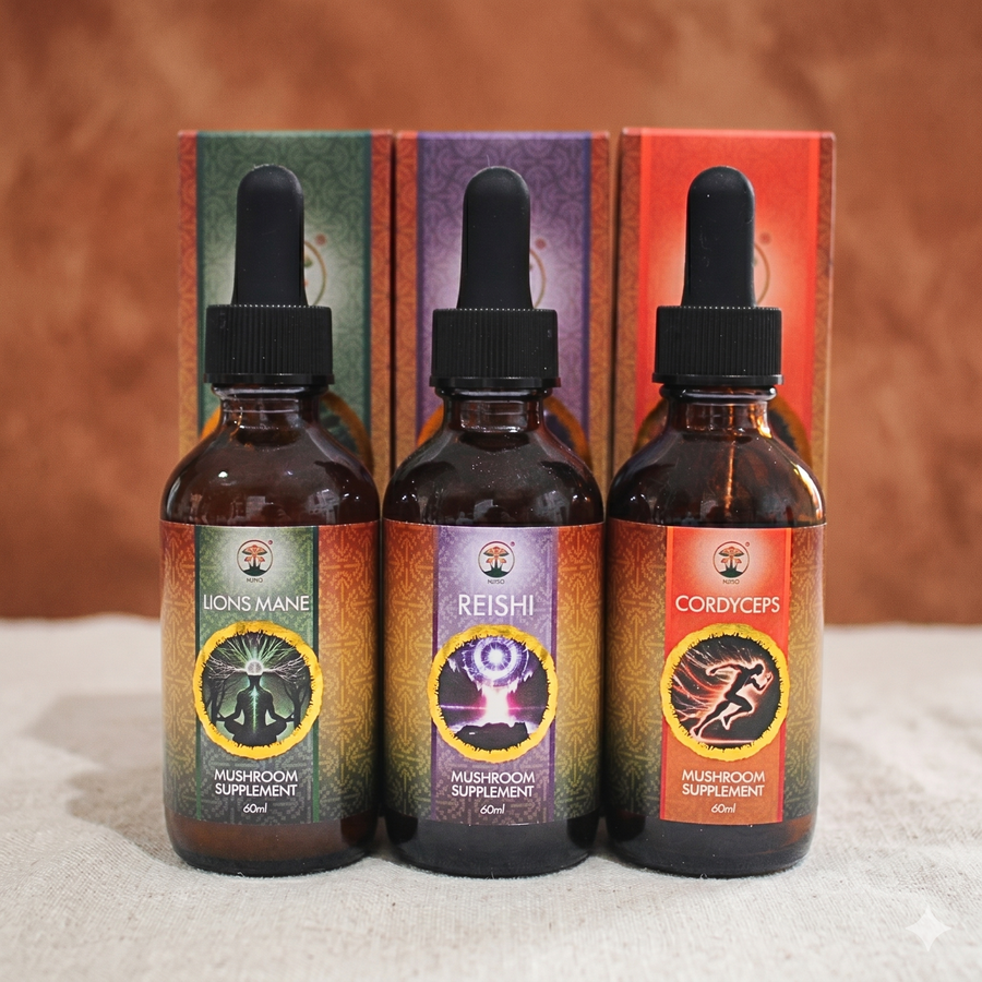 Three bottles of mushroom supplement. Lions mane, Cordyceps and Reishi with droppers in front of their packaging on a textured surface.