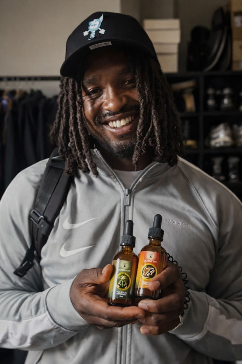 Hak Baker holdingtwo bottles of a product in a casual setting