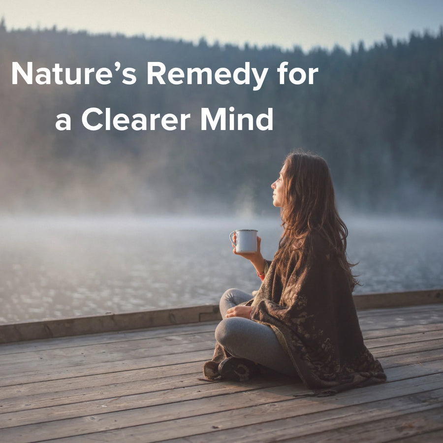 Person sitting on a dock by a lake with text 'Nature's Remedy for a Clearer Mind'.