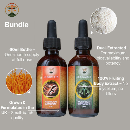 Two bottles of mushroom supplements with labels and text on a gray background