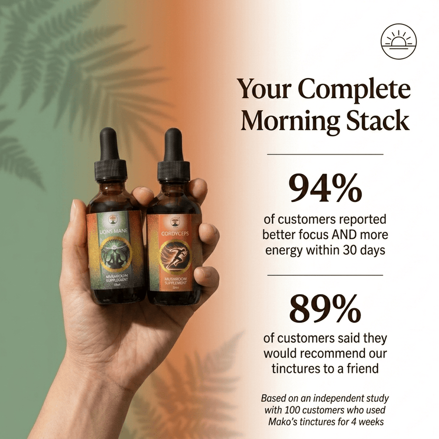 Hand holding two tincture bottles with promotional text about customer feedback on focus and energy support. Lions mane and Cordyceps morning bundle