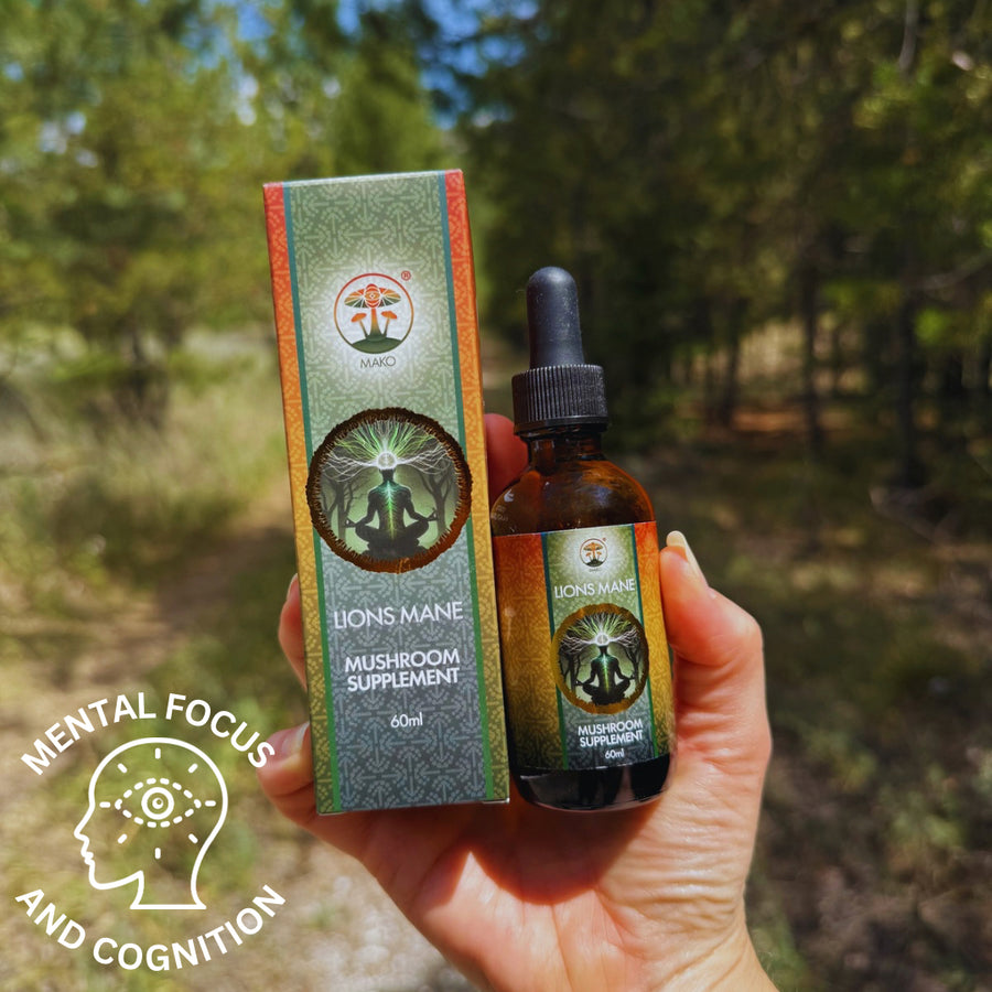 Hand holding a bottle and packaging of Lions Mane mushroom supplement with a forest background.