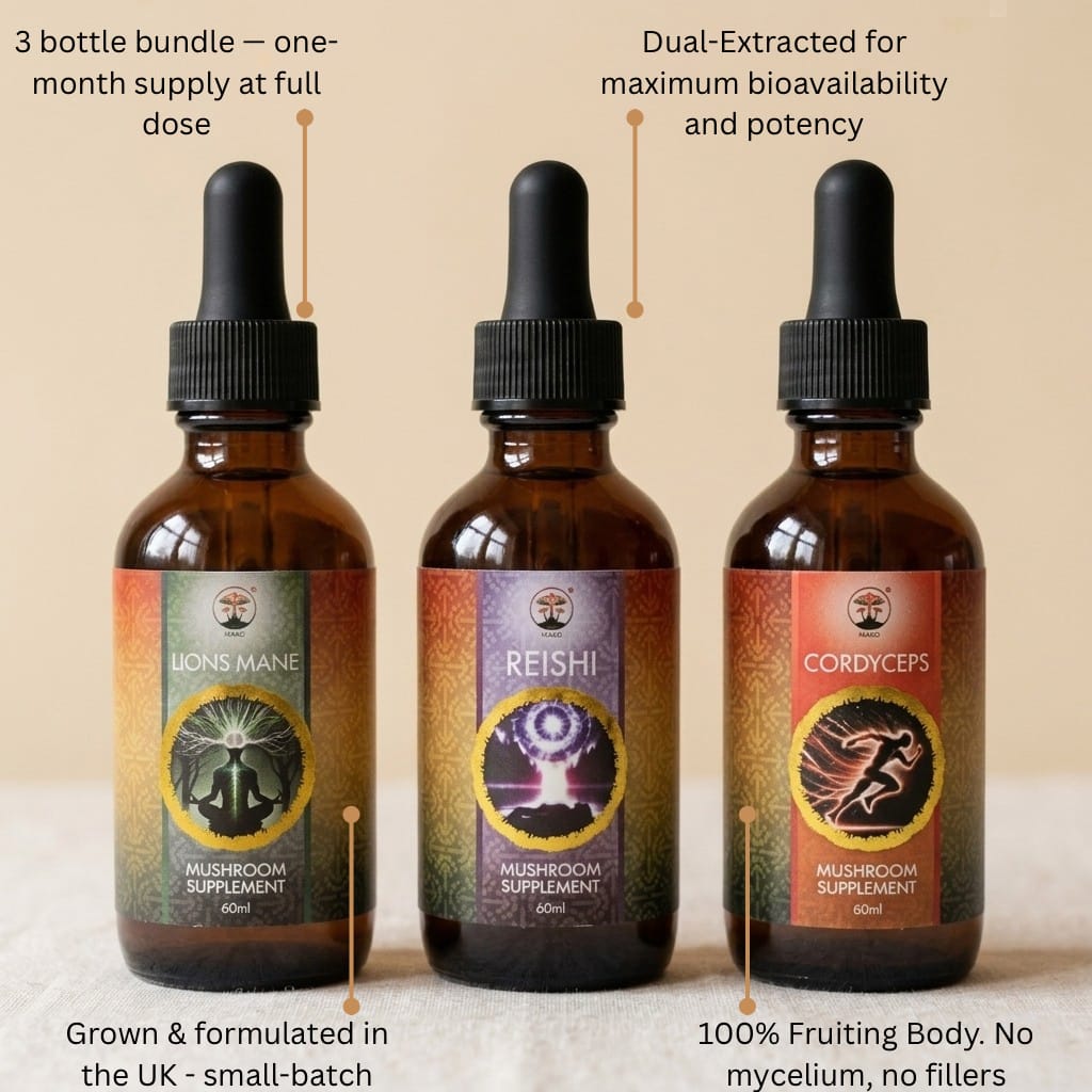 Three mushroom supplement bottles with labels on a beige background. Lions mane, Cordyceps and Reishi