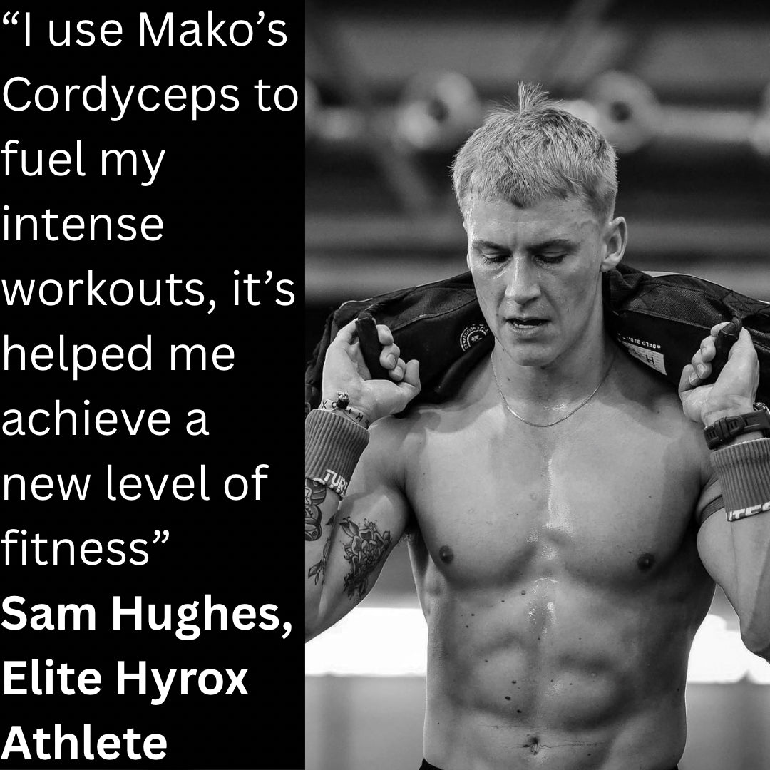 Black and white image of a muscular man with text about Mako's Cordyceps supplement.