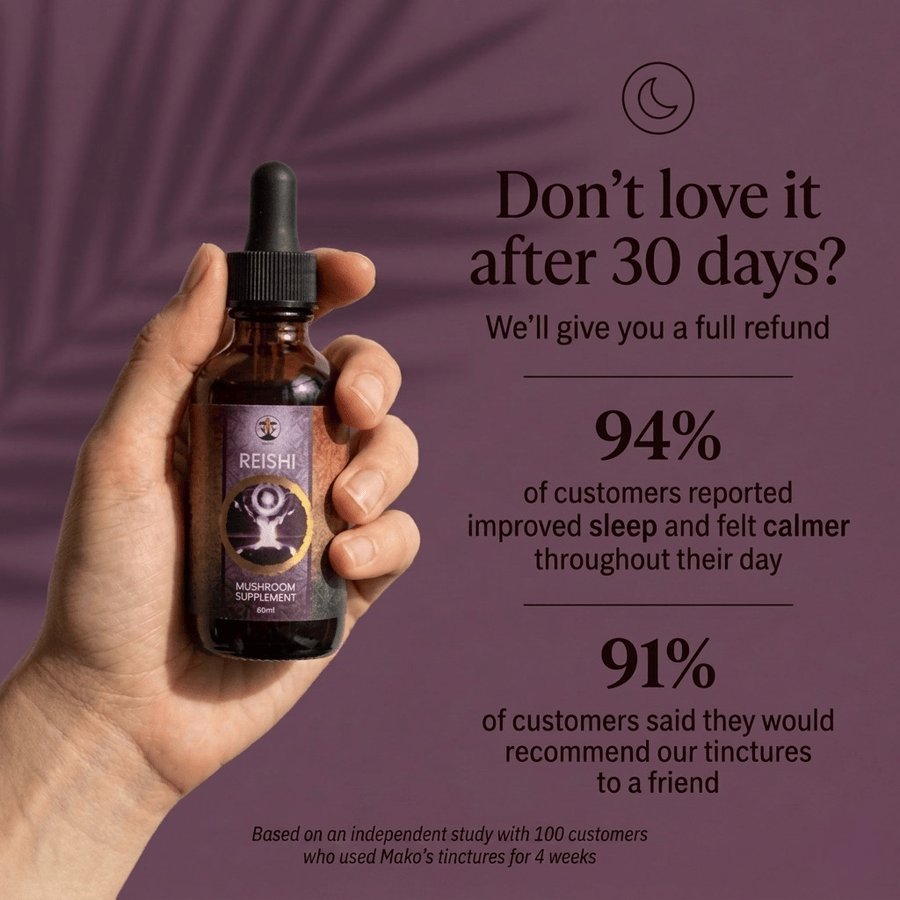 Hand holding a bottle of Reishi tincture with promotional text on a purple background. sleep