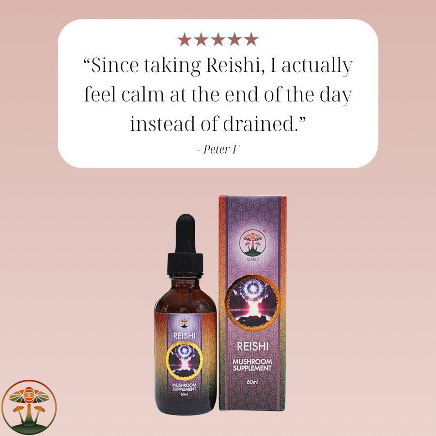 Reishi mushroom supplement bottle and packaging on a pink background with a quote from a satisfied user.