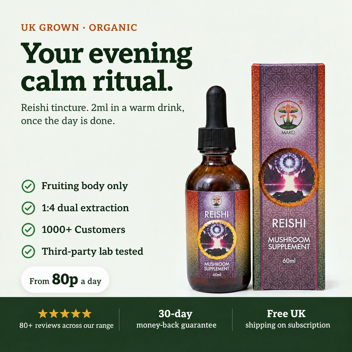 Reishi tincture by Mako Labs, UK grown and organic, 1:4 dual extraction