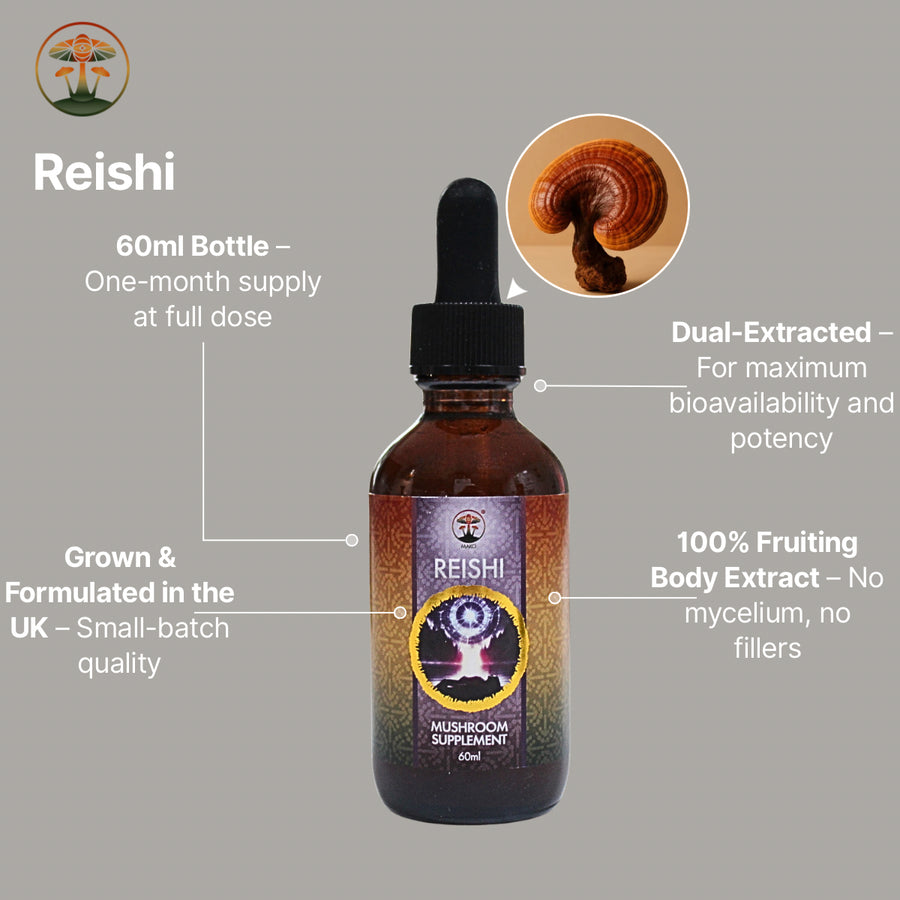 Reishi mushroom supplement bottle with label and dropper on a gray background