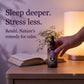 Bottle of Reishi supplement on a table with text promoting sleep and stress relief.