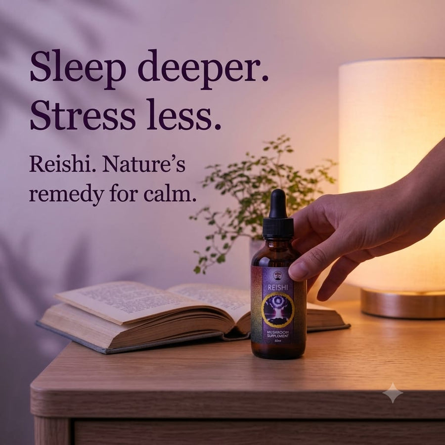 Bottle of Reishi supplement on a table with text promoting sleep and stress relief.