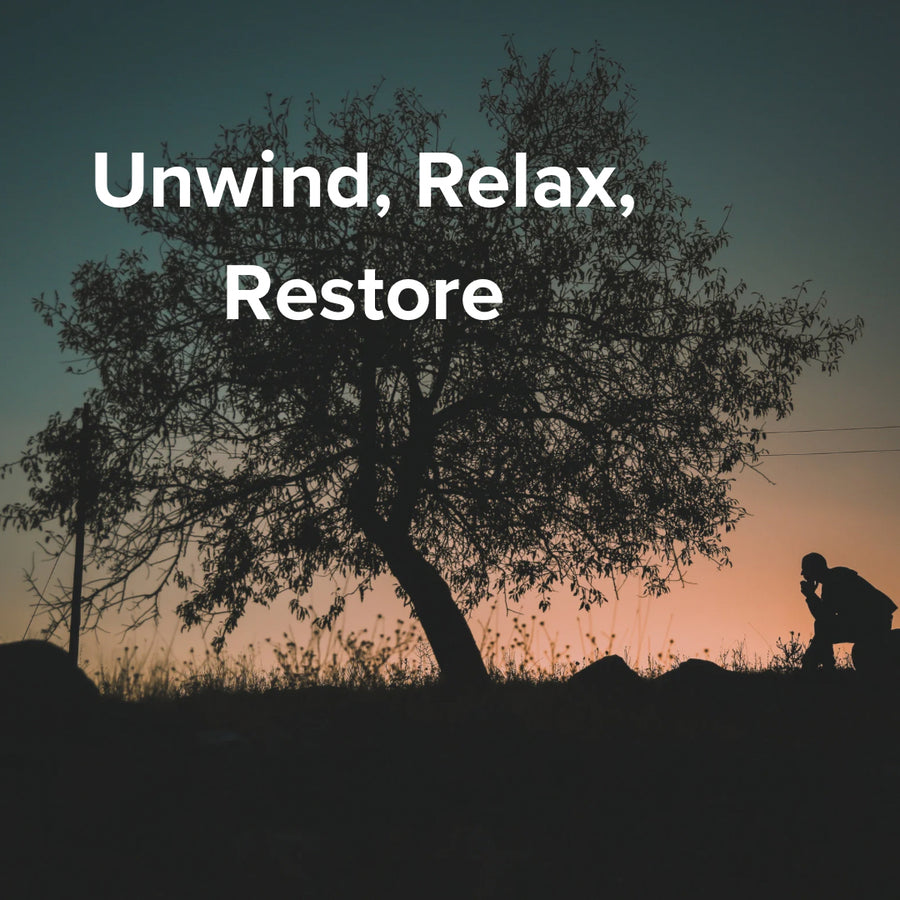 Silhouette of a person under a tree with 'Unwind, Relax, Restore' text at sunset.