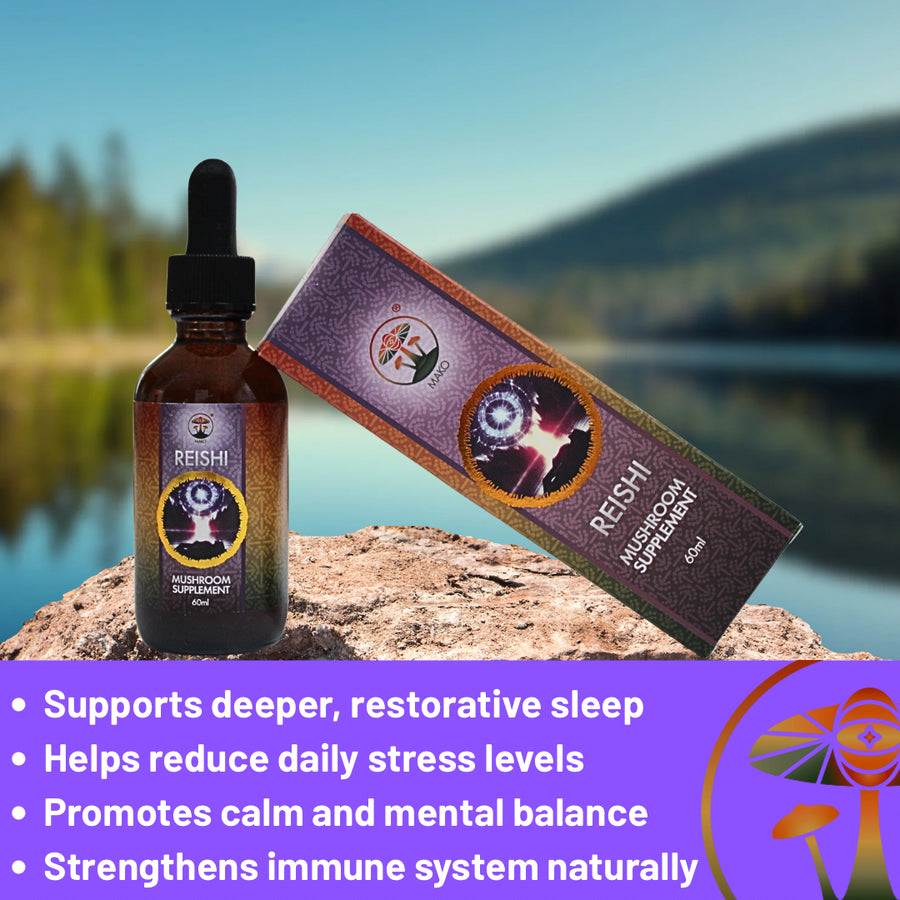Bottle and packaging of Reishi mushroom supplement with scenic background