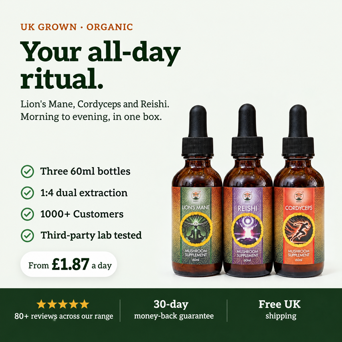 Lion's Mane, Cordyceps and Reishi tincture set by Mako Labs, UK grown and organic