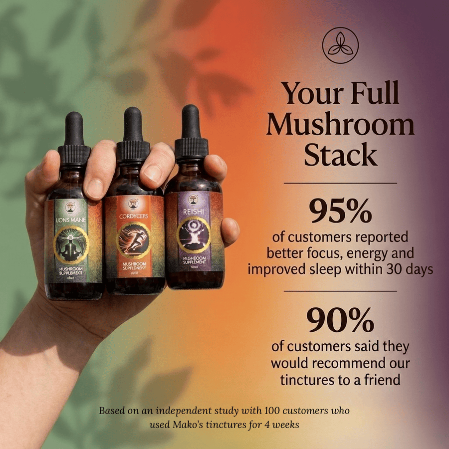 Hand holding three tincture bottles, Lions mane, Cordyceps and Reishi with promotional text about customer feedback on improved focus, energy, and sleep.