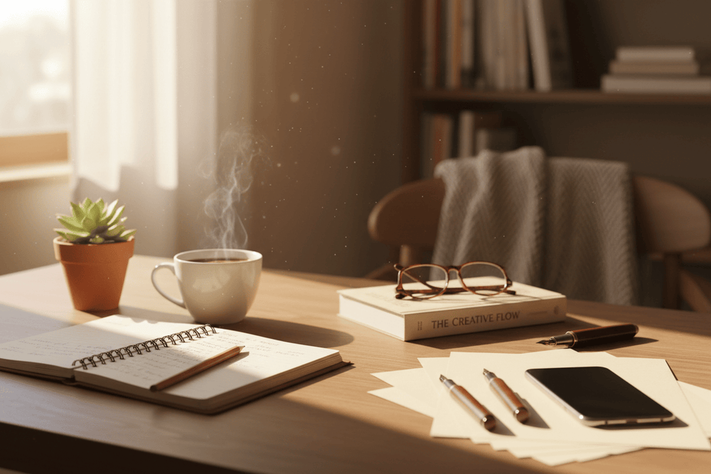A slightly messy but calm desk