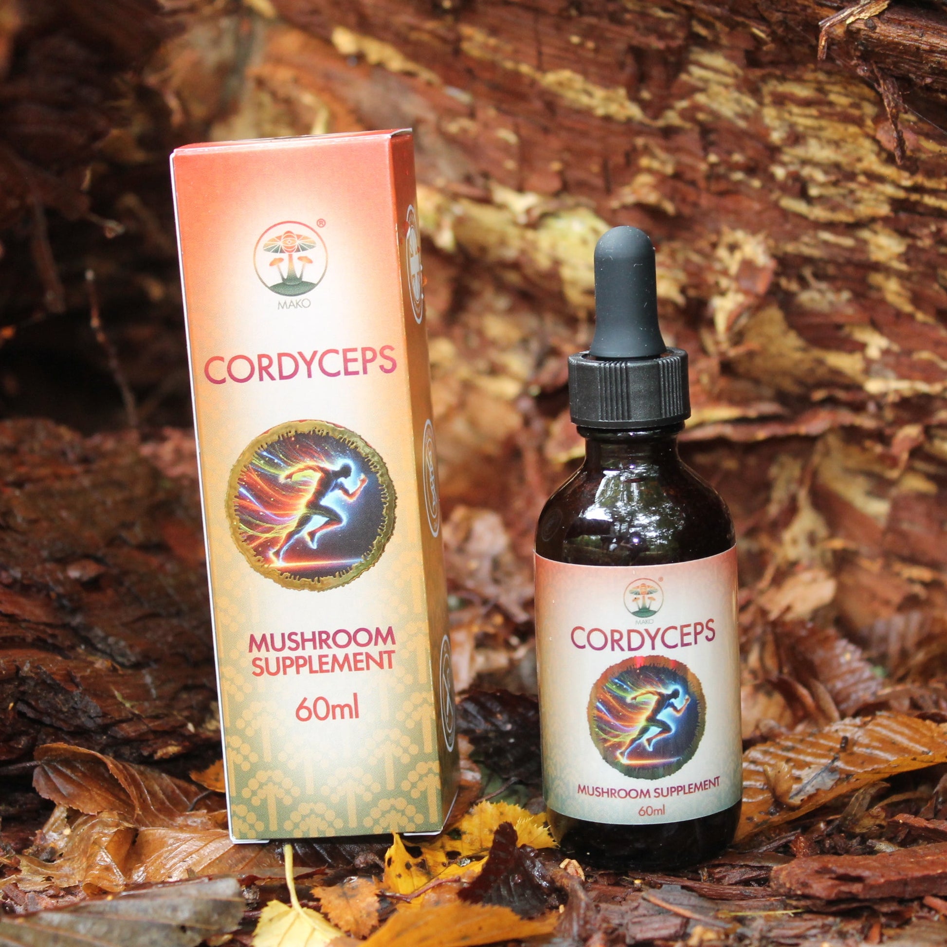 Mako's Cordyceps mushroom tincture in an amber glass bottle with dropper, box and box natural front