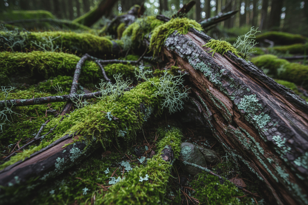 Forest floor, moss, bark, lichen