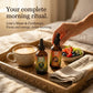 Morning ritual with coffee, supplements, and fruits on a tray. Lions mane and Cordyceps morning.