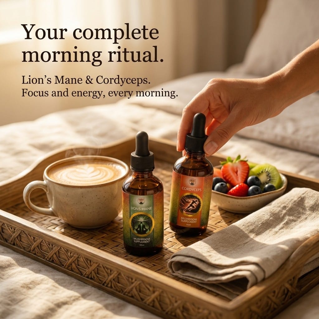 Morning ritual with coffee, supplements, and fruits on a tray. Lions mane and Cordyceps morning.