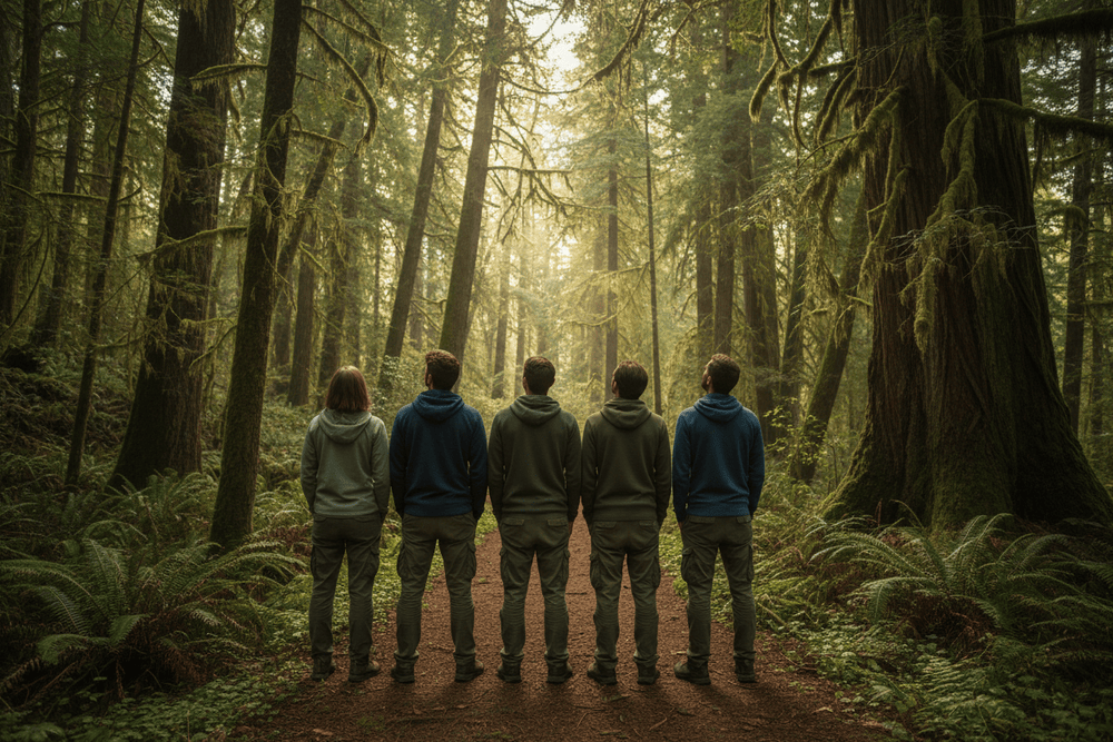 Multiple people back shot standing in a forest