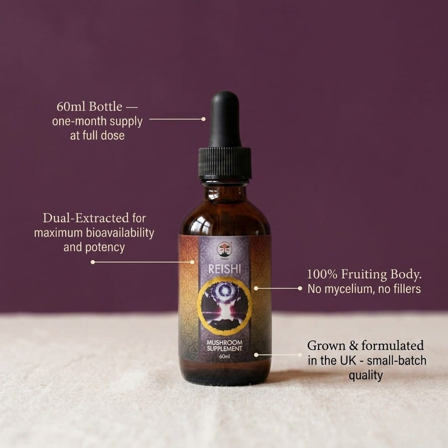 Reishi Mushroom supplement bottle with label on a textured surface and purple background relax