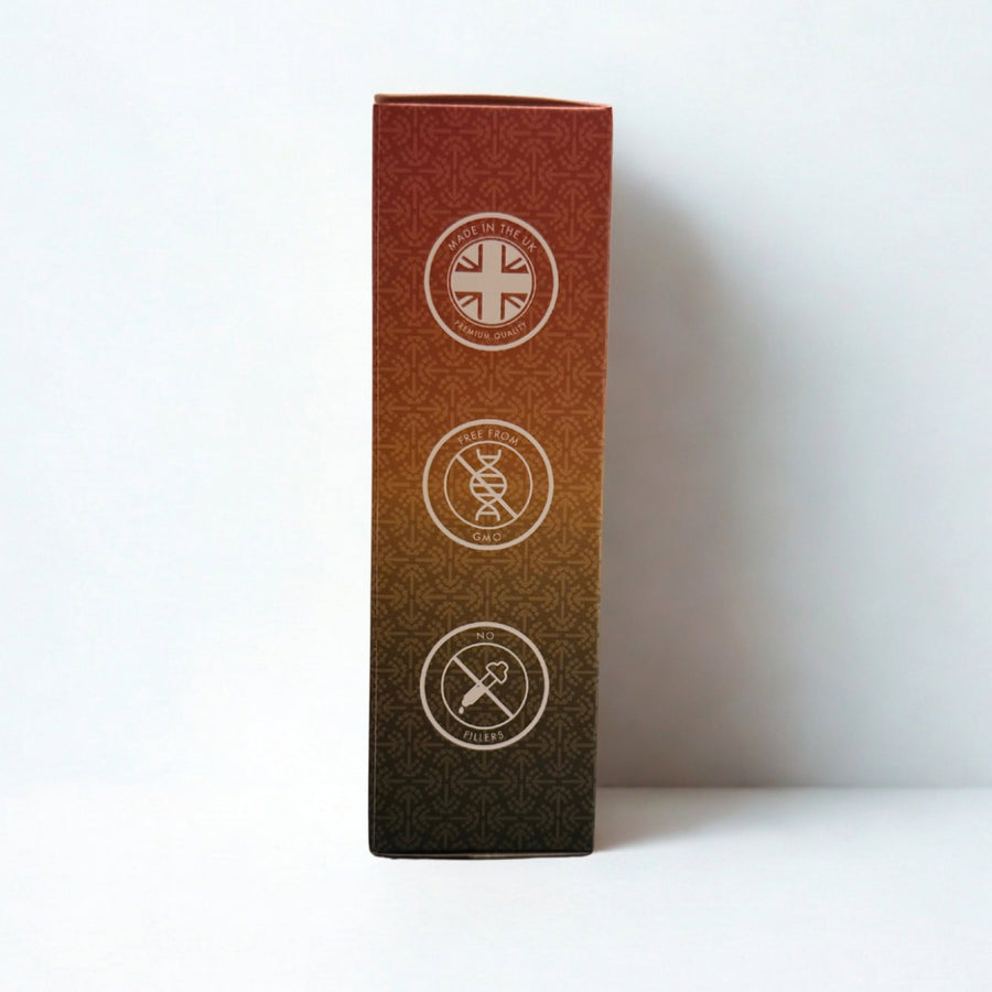 Brown box with white circular designs and text on a white background